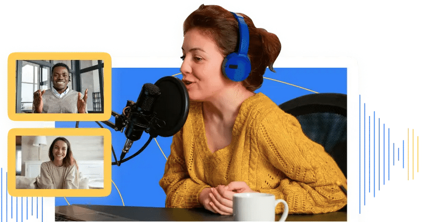 une femme entrain d'interviewer deux autres personnes à distance pour un podcast