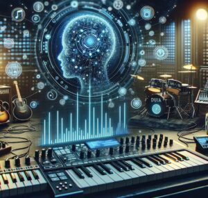 plugins VST IA et musique : un studio musical avec des claviers et une image symbolisant l'intelligence artificielle