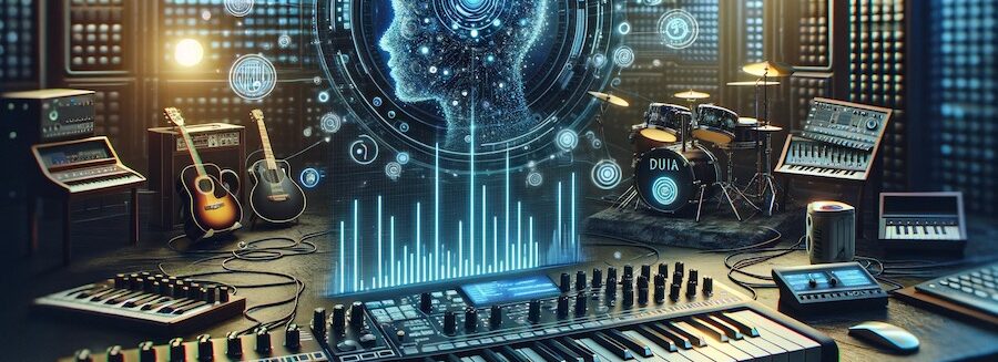 IA et musique : un studio de production musicale avec des claviers, des instruments et une image de cerveau symbolisant l'intelligence artificielle