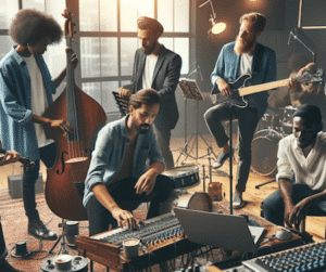un groupe de musiciens en home studio utilise des plugins VST