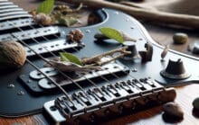 guitare électrique posée sur la table avec des pierres, des brindilles et des feuilles