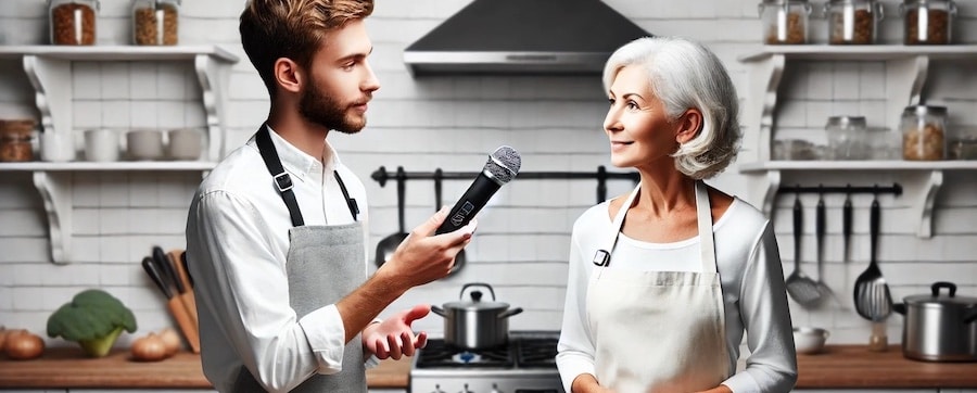 podcast : un jeune podcasteur interviewe une cheffe de cuisine dans son laboratoire - lancer votre podcast