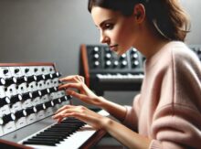 musicienne en train de composer et de créer des sons sur un synthé moog - valeurs fondatrices de la musique