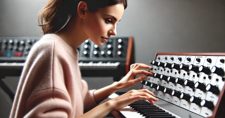 femme expérimente sur synthétiseur - valeurs fondatrices de la musique