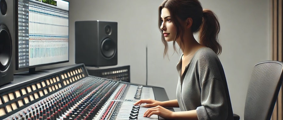 les métiers de la musique : une femme ingénieur du son travaille en studio