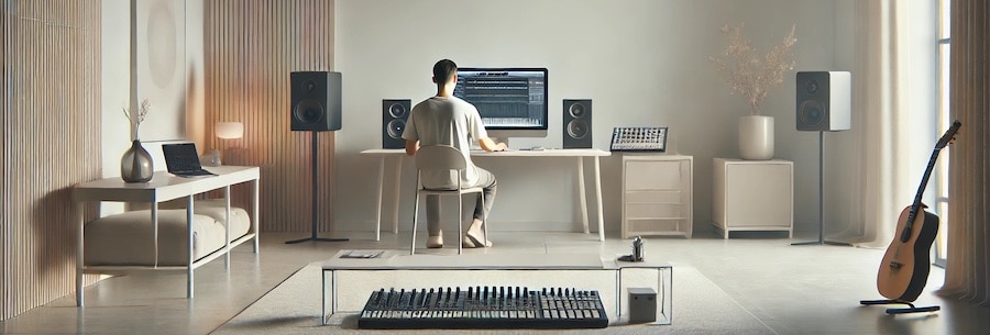 un artiste sonore en pleine création dans son studio