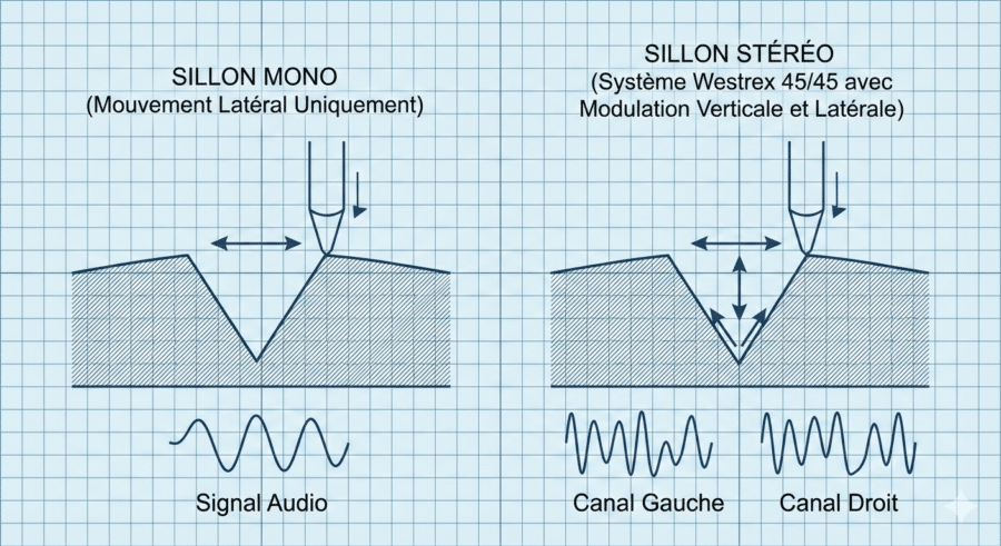 schéma des sillons mono et stéréo