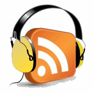 un casque installé sur une brique podcast orange symbolise l'écoute de podcasts