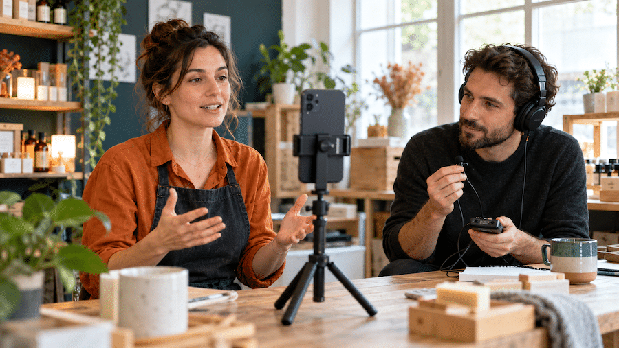 2 entrepreneurs en train d'enregistrer une vidéo verticale. Produire vos médias vous-même